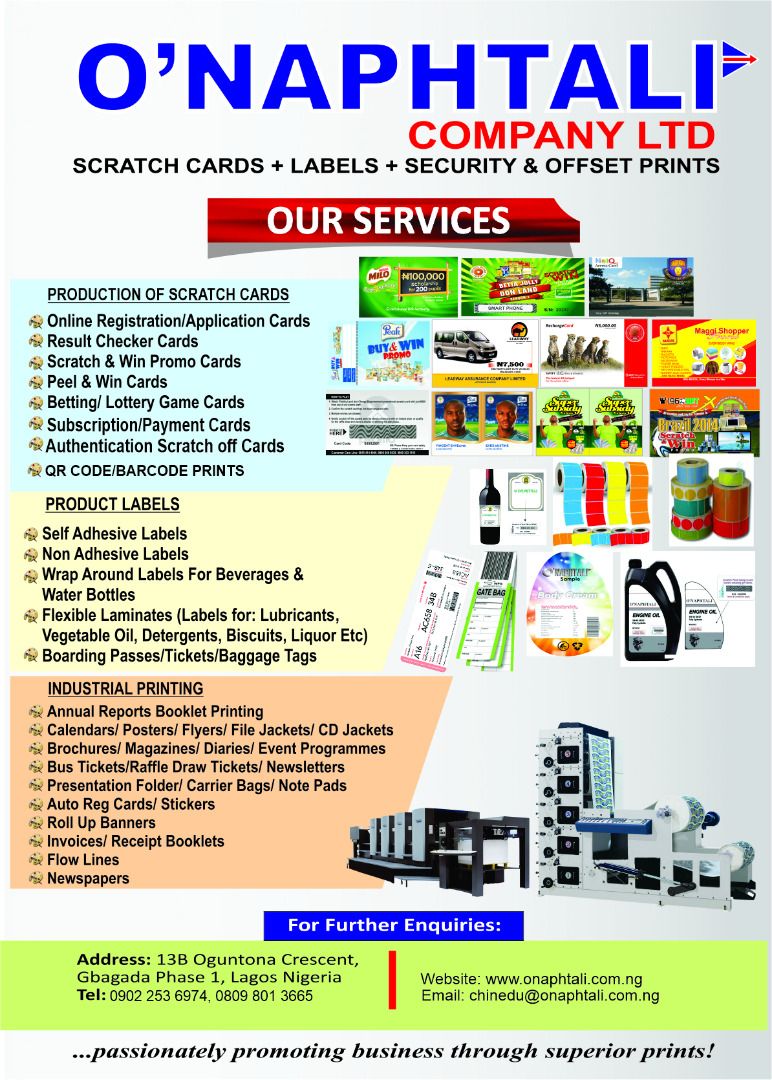 CALL BUKOLA ON 09099355873 TO PRINT YOUR SCRATCH CARDS, PRODUCT LABELS PLASTIC CARDS, PRODUCT AUTHENTICATION LABELS ETC.