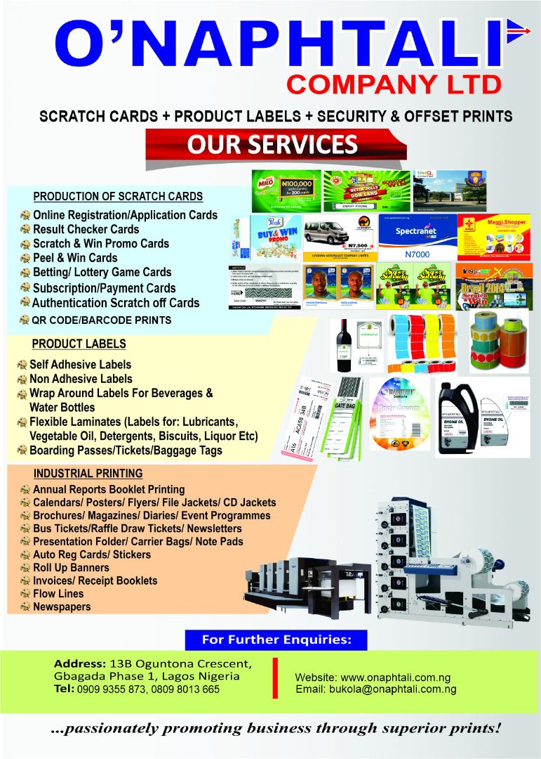 CALL BUKOLA ON 090999355873 TO PRINT YOUR SCRATCH CARDS, PRODUCT LABELS, PLASTIC CARDS, AUTHENTICATION LABELS AND OTHER PRINTING SERVICES