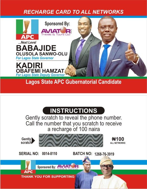 INCREASE YOUR SUPPORTERS BASE BY PRINTING POLITICAL RECHARGE CARDS CALL CHINEDU ON 08179651585
